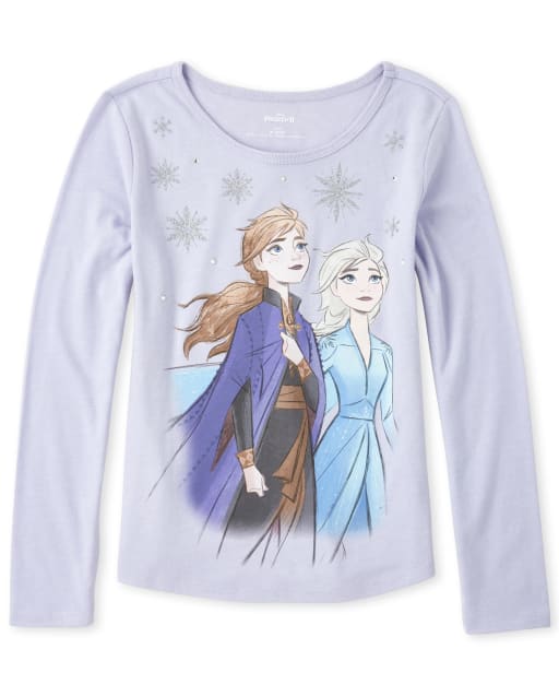 Girls Disney Frozen 2 Long Sleeve Glitter Anna And Elsa Graphic Tee
