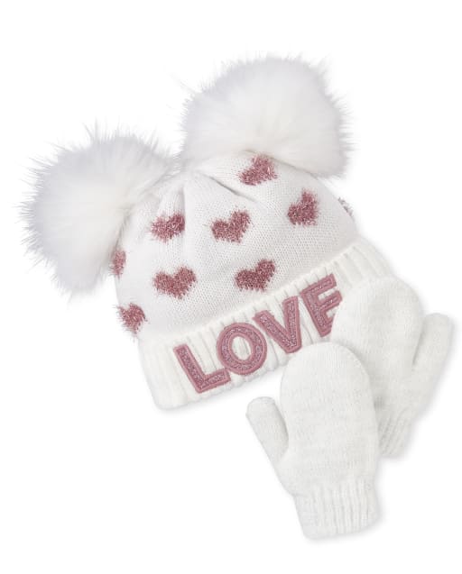 The Childrens Place Girls Toddler Love Pom Beanie and Mittens Set