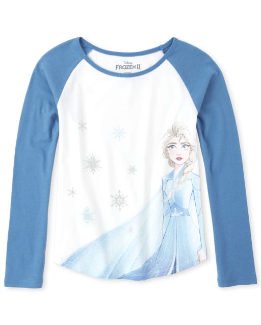 Girls Disney Frozen 2 Long Raglan Sleeve Glitter Elsa Graphic Tee