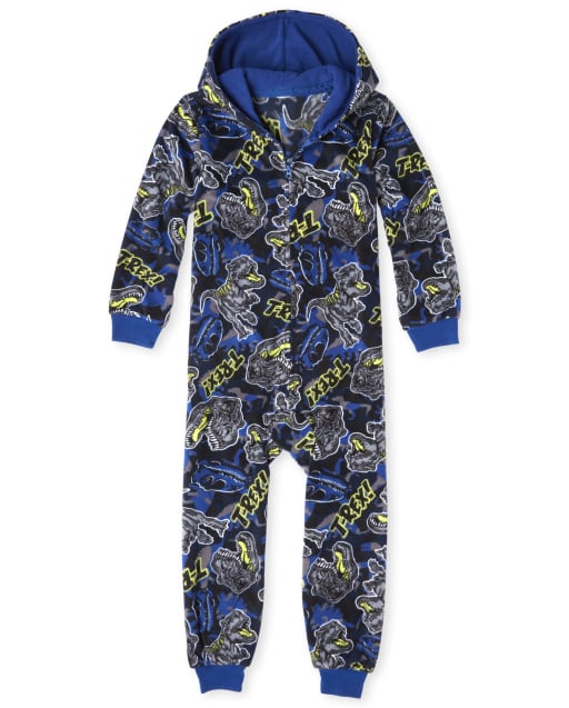 Boys Long Sleeve T Rex Dino Print Fleece Hooded One Piece Pajamas