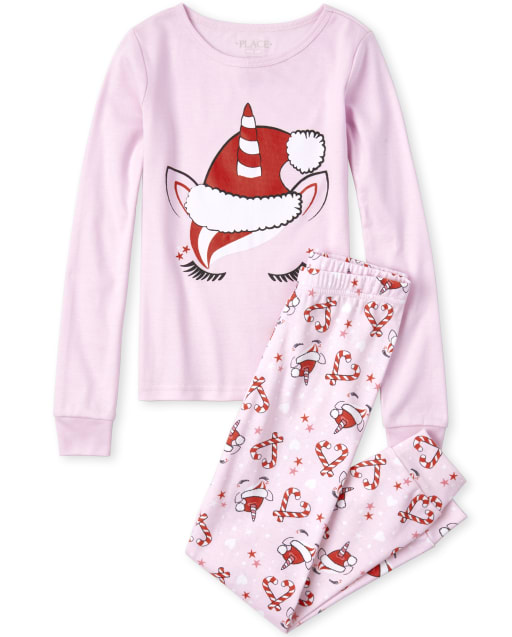 Girls Christmas Long Sleeve Very Merry Unicorn Print Matching Snug Fit Cotton Pajamas
