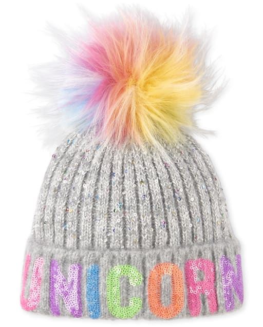 Girls Sequin Unicorn Pom Pom Beanie