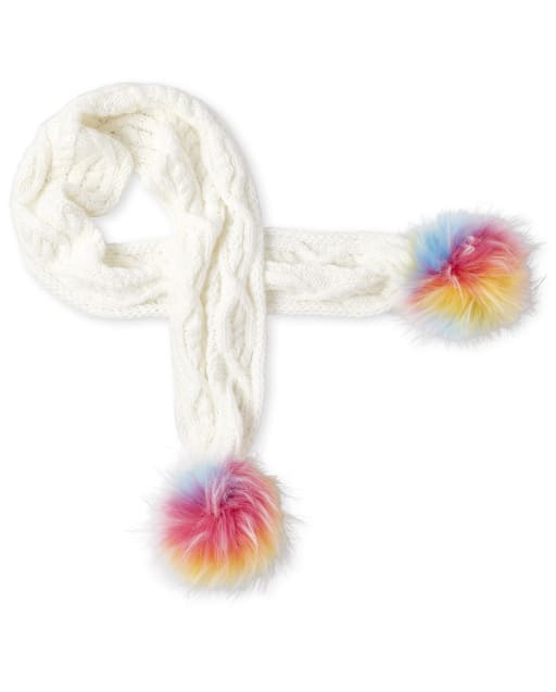 Girls Rainbow Pom Pom Cable Knit Scarf