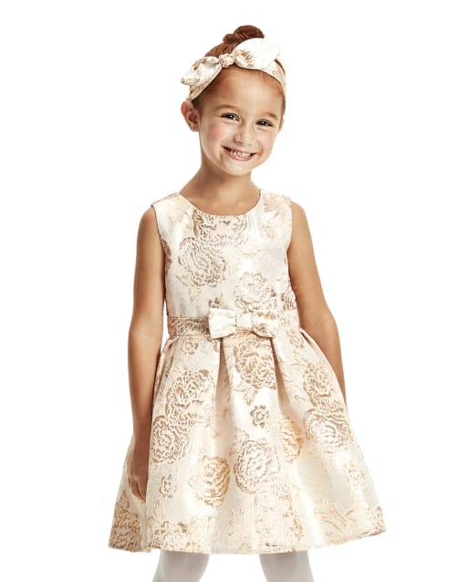 Toddler Girls Metallic Floral Jacquard Matching Pleated Dress