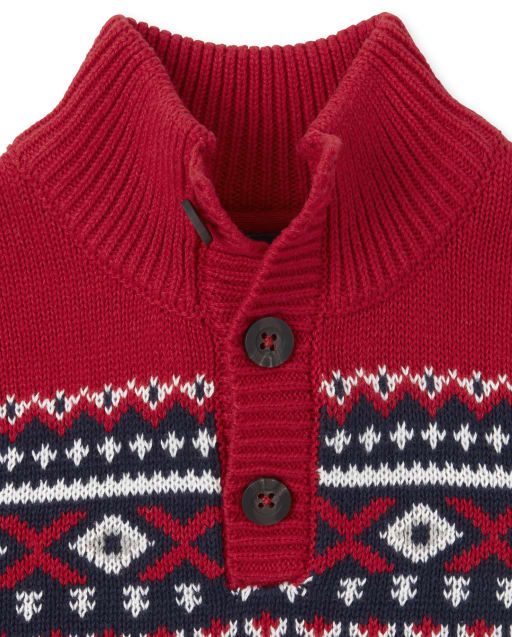 Baby And Toddler Boys Christmas Long Sleeve Matching Fair Isle Button Neck Sweater