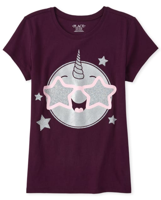 Camiseta con estampado de emojicorn con purpurina para niñas