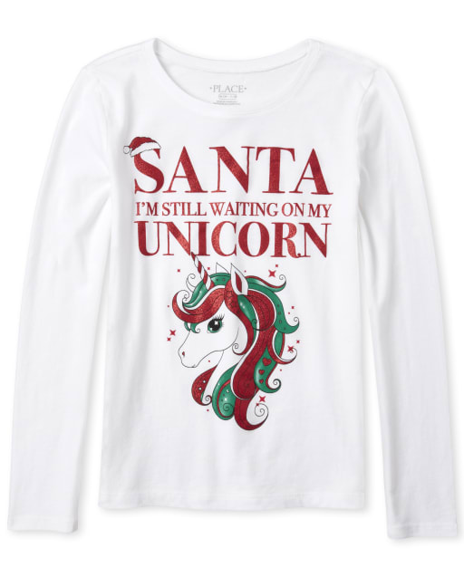 Girls Long Sleeve Christmas Glitter Santa I M Still Waiting On My Unicorn Graphic Tee