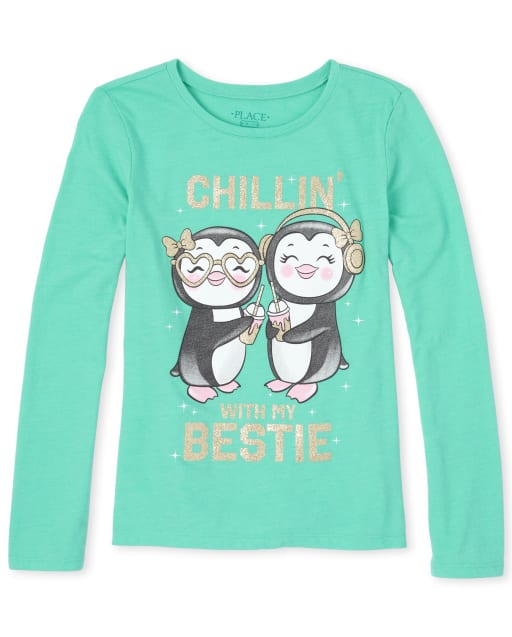 Girls Glitter Bestie Penguin Graphic Tee
