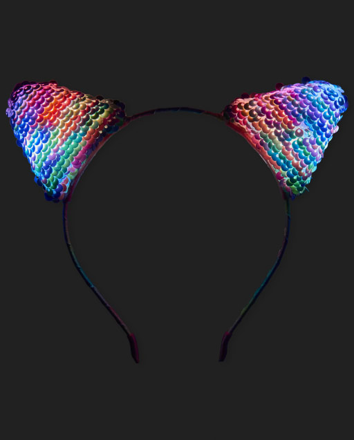 Girls Rainbow Flip Sequin Light Up Cat Ears Headband