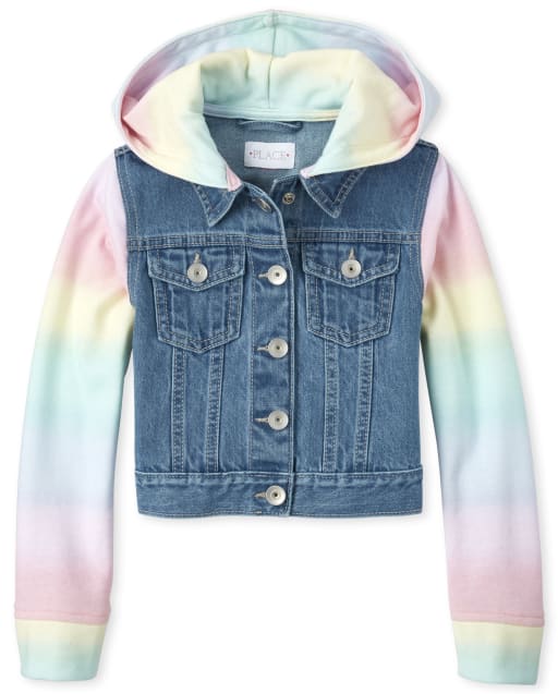 Chaqueta vaquera con capucha y arcoíris para niñas