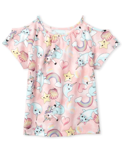 Girls Mix And Match Short Sleeve Print Cold Shoulder Top