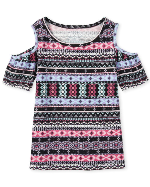 Girls Mix And Match Fair Isle Cold Shoulder Top