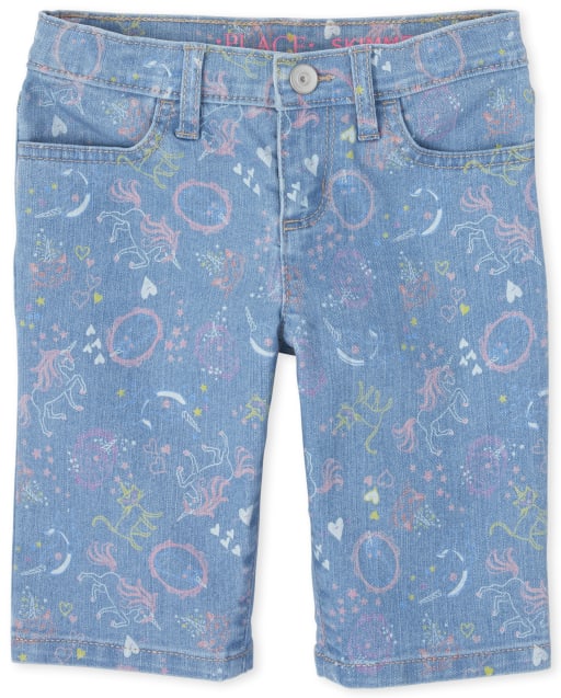 Girls Unicorn Doodle Print Denim Skimmer Shorts