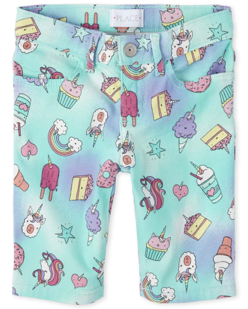 Girls Rainbow Unicorn Denim Skimmer Shorts