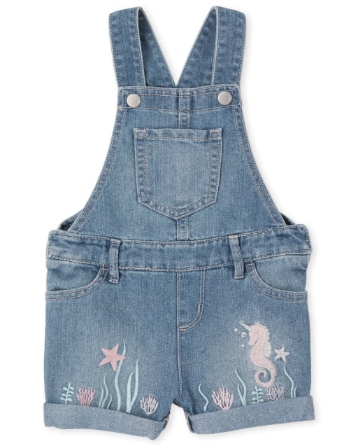 Short en jean brodé hippocampe à revers roulé pour bébés et petites filles