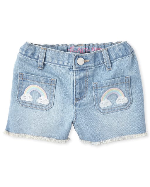 Shorts cortos de mezclilla con bordado de arco iris para bebés y niñas pequeñas
