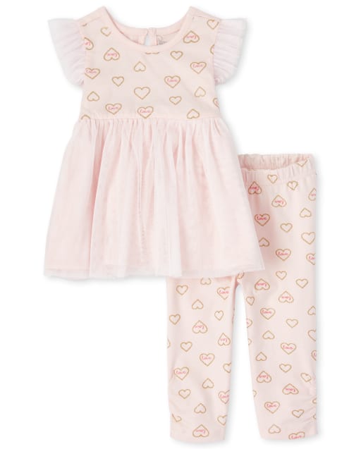 Toddler Baby Girls Valentine/’s Day Outfit Ruffle Long Sleeve Shirt Tops Heart Print Suspender Skirt 2Pcs Set