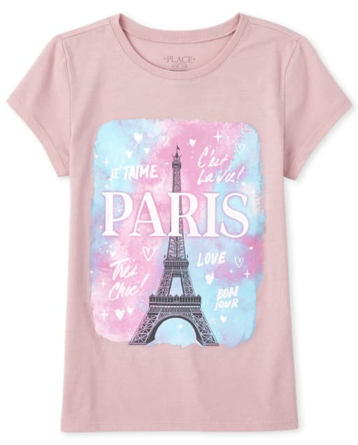 Girls Short Sleeve Glitter Paris Eiffel Tower Graphic Tee
