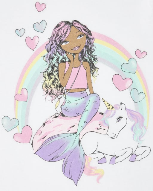 Girls Short Sleeve Glitter Mermaid And Unicorn Graphic Tee