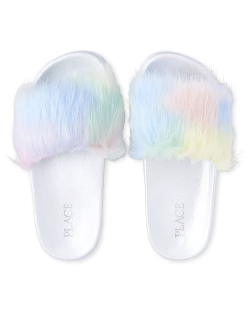 Girls Rainbow Faux Fur Matching Slides