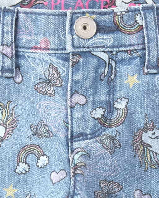 Girls Unicorn Print Denim Skimmer Shorts