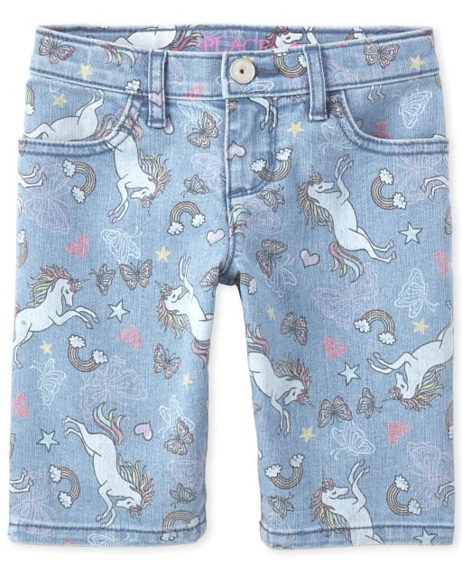 Girls Unicorn Print Denim Skimmer Shorts