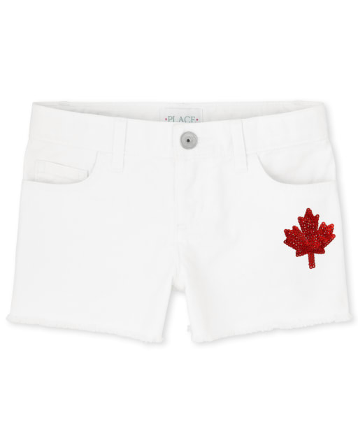 Girls Canada Day Maple Leaf Denim Shortie Shorts