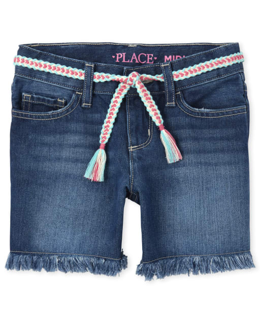 Shorts midi de mezclilla con dobladillo deshilachado y borlas para niñas
