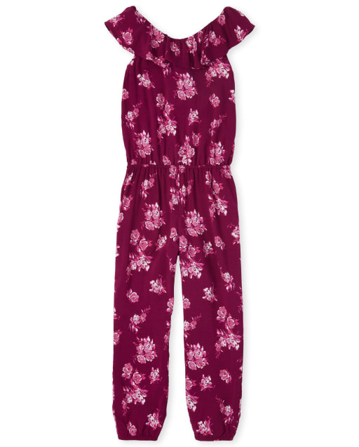 Girls Short Flutter Sleeve Floral Print Woven Jumpsuit