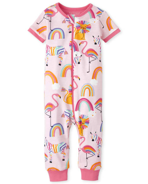 Pijamas de una pieza de algodón ajustados con diseño de león arcoíris para bebés y niñas pequeñas
