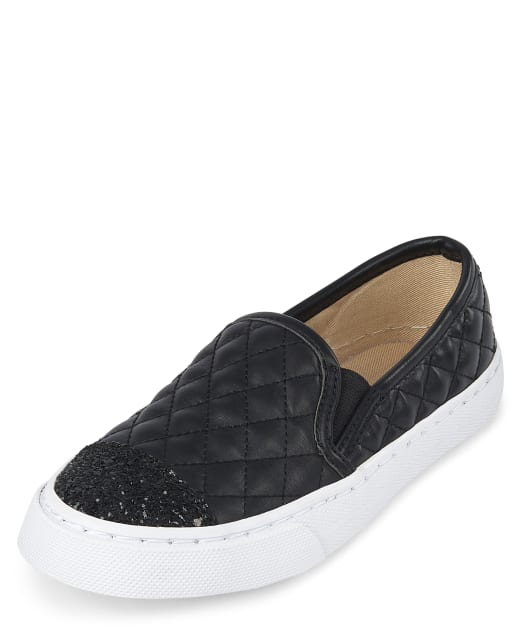 Girls Uniform Glitter Quilted Faux Leather Slip On Sneakers