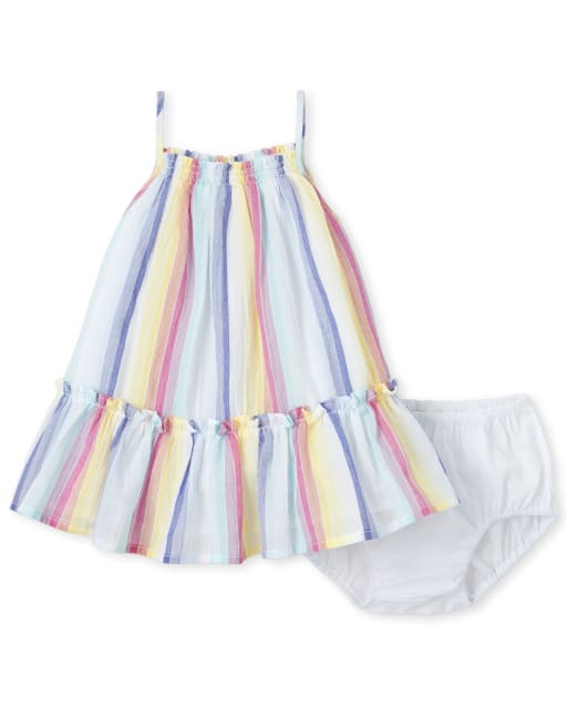Ensemble Robe A Volants Tissee A Rayures Sans Manches Et Culotte Bouffante Pour Bebe Fille