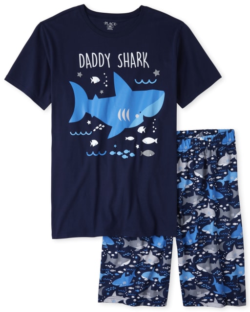 Mens Matching Family Short Sleeve Daddy Shark Shark Print Cotton Pajamas