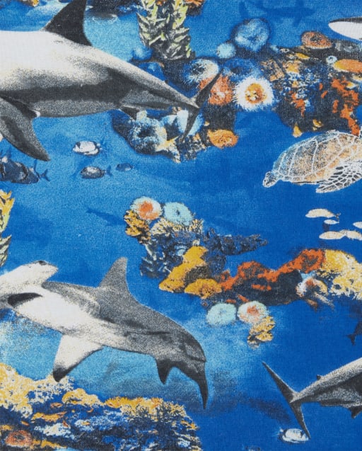 Boys Short Sleeve Shark And Coral Reef Print Snug Fit Cotton Pajamas