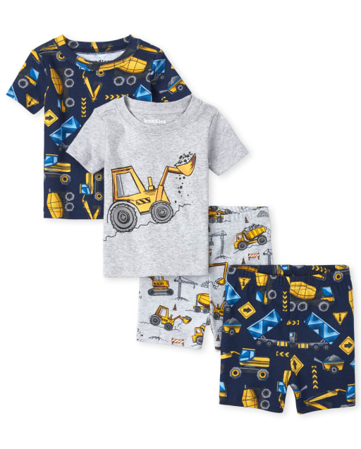 Baby And Toddler Boys Short Sleeve Construction Print Snug Fit Cotton 4 Piece Pajamas