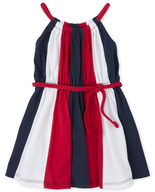 Baby And Toddler Girls Americana Sleeveless Striped Belted Matching Knit Dress