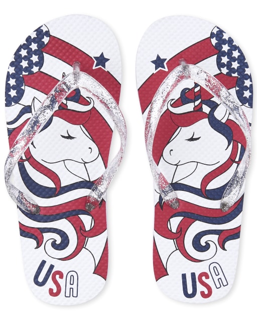 Girls Americana Glitter Unicorn Flip Flops
