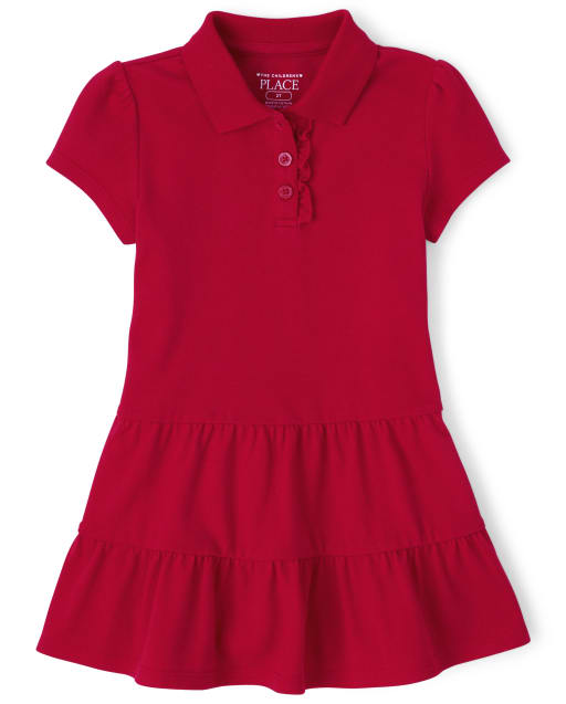 Toddler Girls Uniform Short Sleeve Tiered Pique Polo Dress