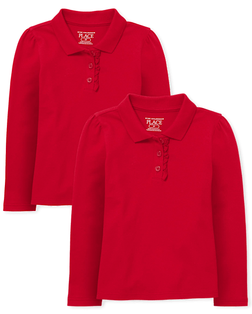 Polo de piqué con volantes de manga larga uniforme para bebés y niñas pequeñas, paquete de 2