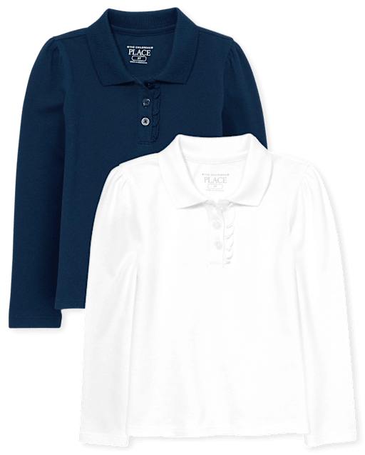 Polo de piqué con volantes de manga larga uniforme para bebés y niñas pequeñas, paquete de 2