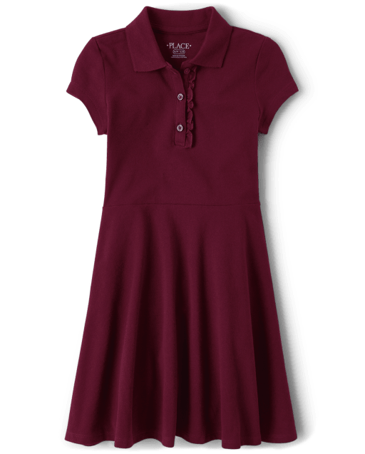 Girls Uniform Short Sleeve Ruffle Pique Knit Polo Dress | The Children's  Place - RUBINE