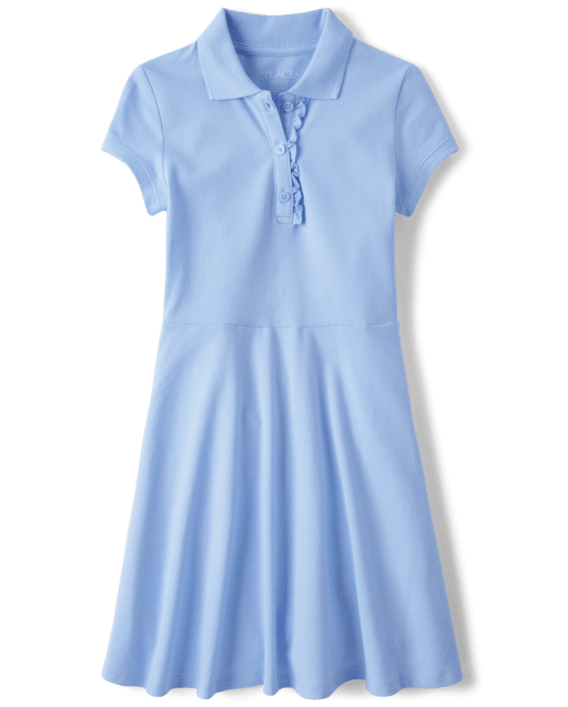 Girls Uniform Short Sleeve Knit Ruffle Pique Polo Dress