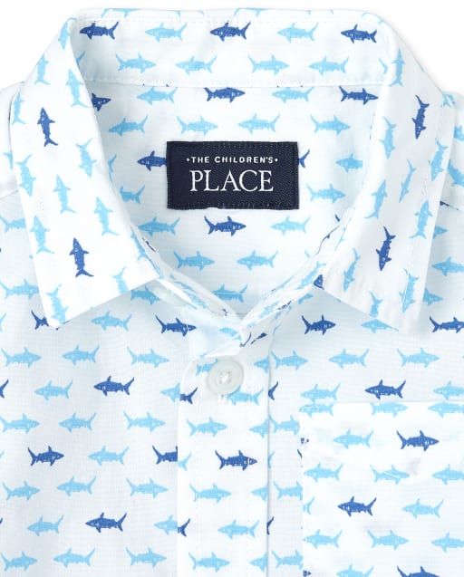 Infant /& Toddler Boys Blue Shark Print Button Front Collared Dress Shirt