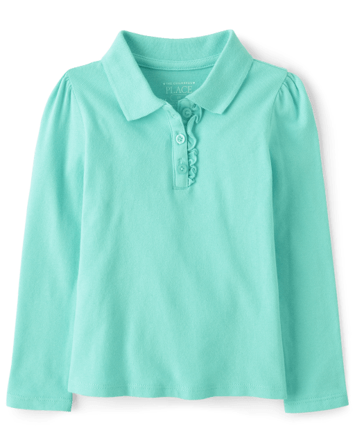 Polo de piqué con volantes de manga larga uniforme para niñas pequeñas