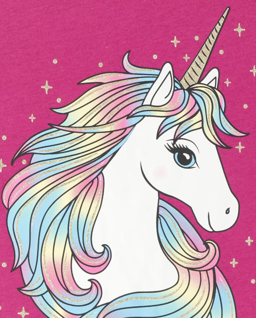 Girls Short Sleeve Glitter Rainbow Unicorn Graphic Tee