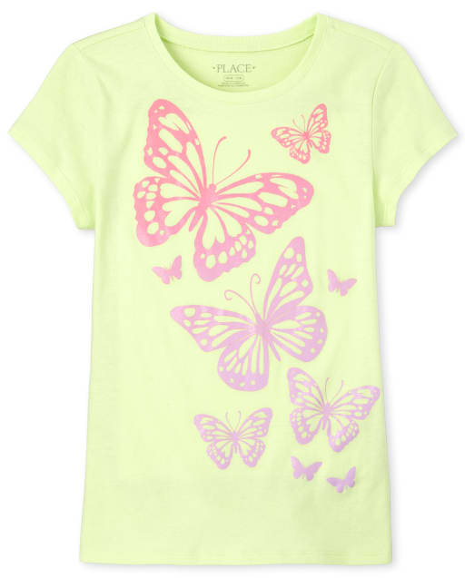 Camiseta estampada con brillo de mariposa para niñas