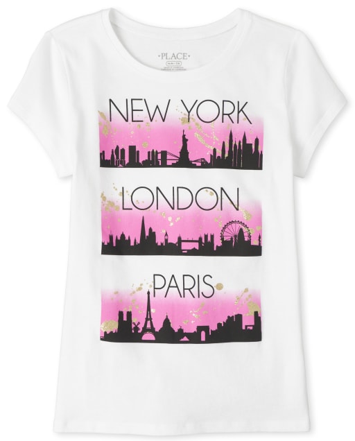Girls Short Sleeve Glitter New York London Paris Graphic Tee