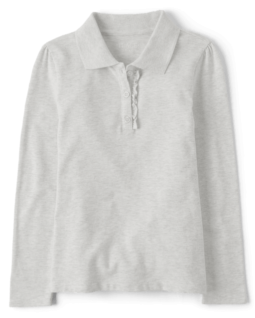 Polo de piqué con volantes y manga larga de uniforme para niñas