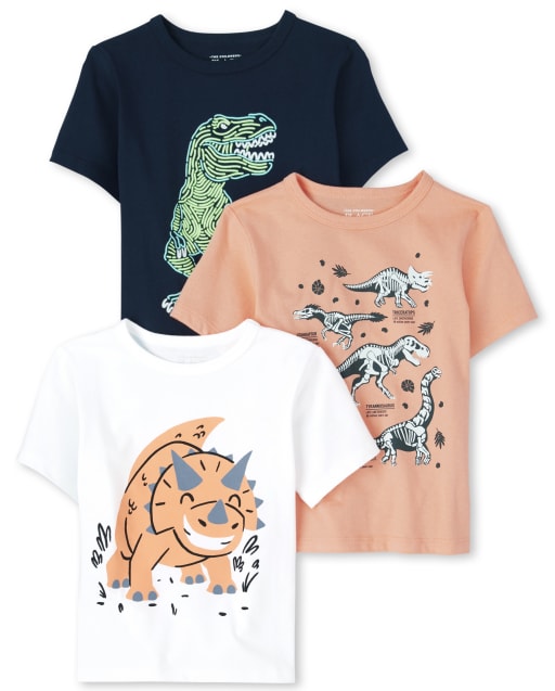 HMBEIXYP Toddler Boys 3-Pack Graphic Long-Sleeve T-Shirts Cotton Dinosaurs Shirts