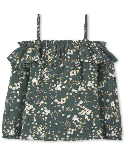 Girls Floral Dobby Ruffle Off Shoulder Top